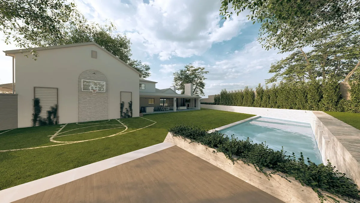 Backyard Design featuring a Basketball hoop, modern pool and outdoor living for a Fort Worth home.