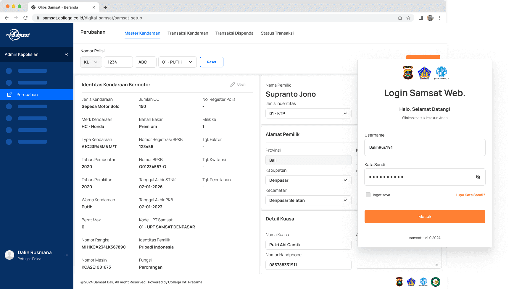 Tampilan layar antarmuka situs web Login Samsat Web ini menampilkan formulir masuk sistem di sisi kanan dan dasbor data Identitas Kendaraan Bermotor di sisi kiri. Dasbor tersebut menyajikan informasi detail kendaraan secara sistematis, mencakup nomor polisi, data pemilik bernama Supranto Jono di wilayah Denpasar, hingga spesifikasi teknis kendaraan seperti merek, tahun pembuatan, dan tanggal akhir masa berlaku STNK serta PKB.