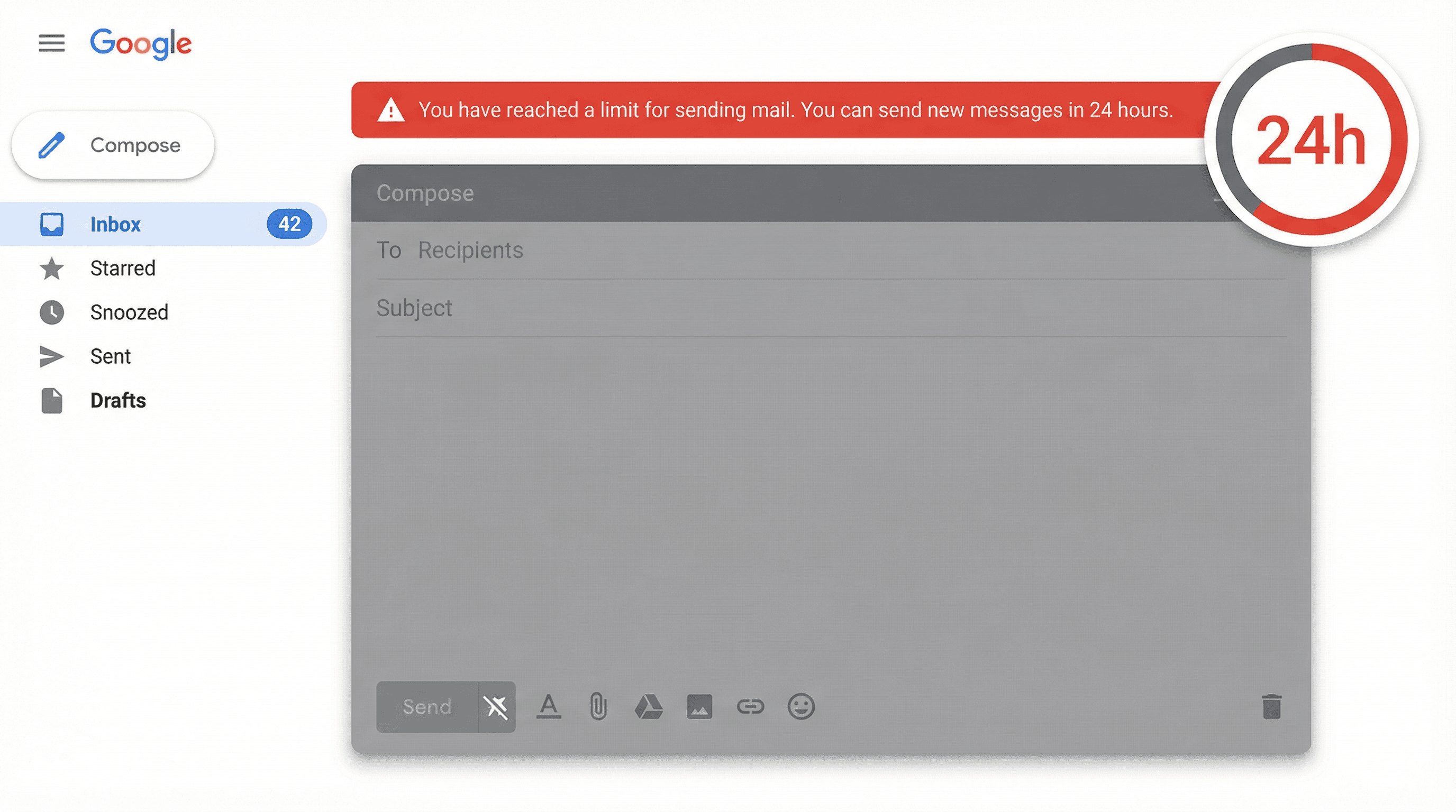 Google Workspace email lockout screen showing 24-hour sending suspension after exceeding daily limits