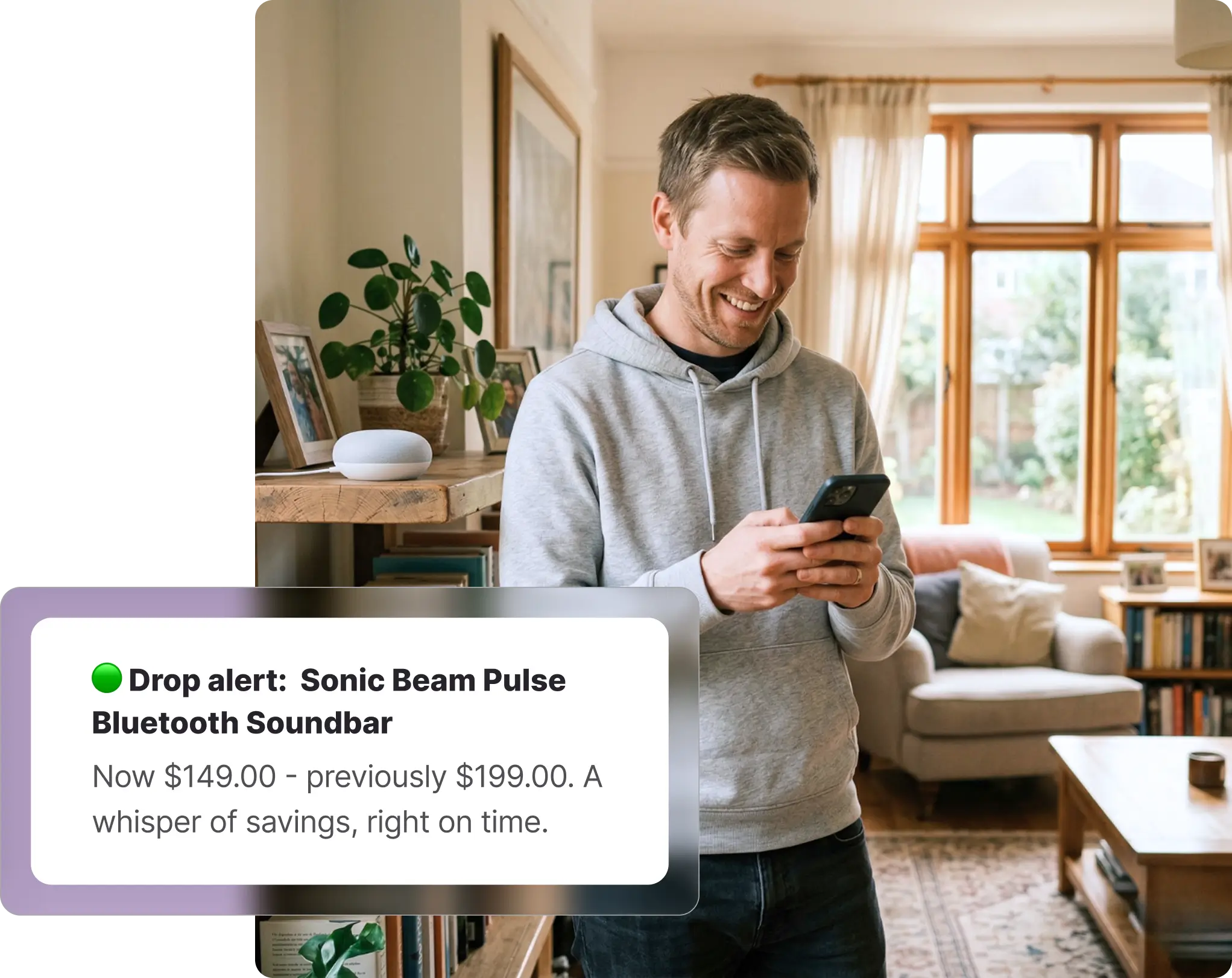 A smiling man sitting comfortably on a gray sofa in a living room, looking at his smartphone while a golden retriever rests its head on his lap. Overlaid on the image is a Whisprice digital push notification displaying an Amazon "Drop alert" for an "Echo Dot (5th Gen), Charcoal," marked down from $49.99 to $29.99.