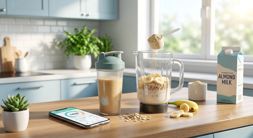 A close-up photograph of a modern kitchen counter showing ingredients for a healthy protein smoothie. A person is adding pea protein powder to a glass with banana slices and oats. A shaker bottle, an almond milk carton, and a smartphone displaying a nutrition tracking app with 540 kcal are arranged neatly under natural window light.