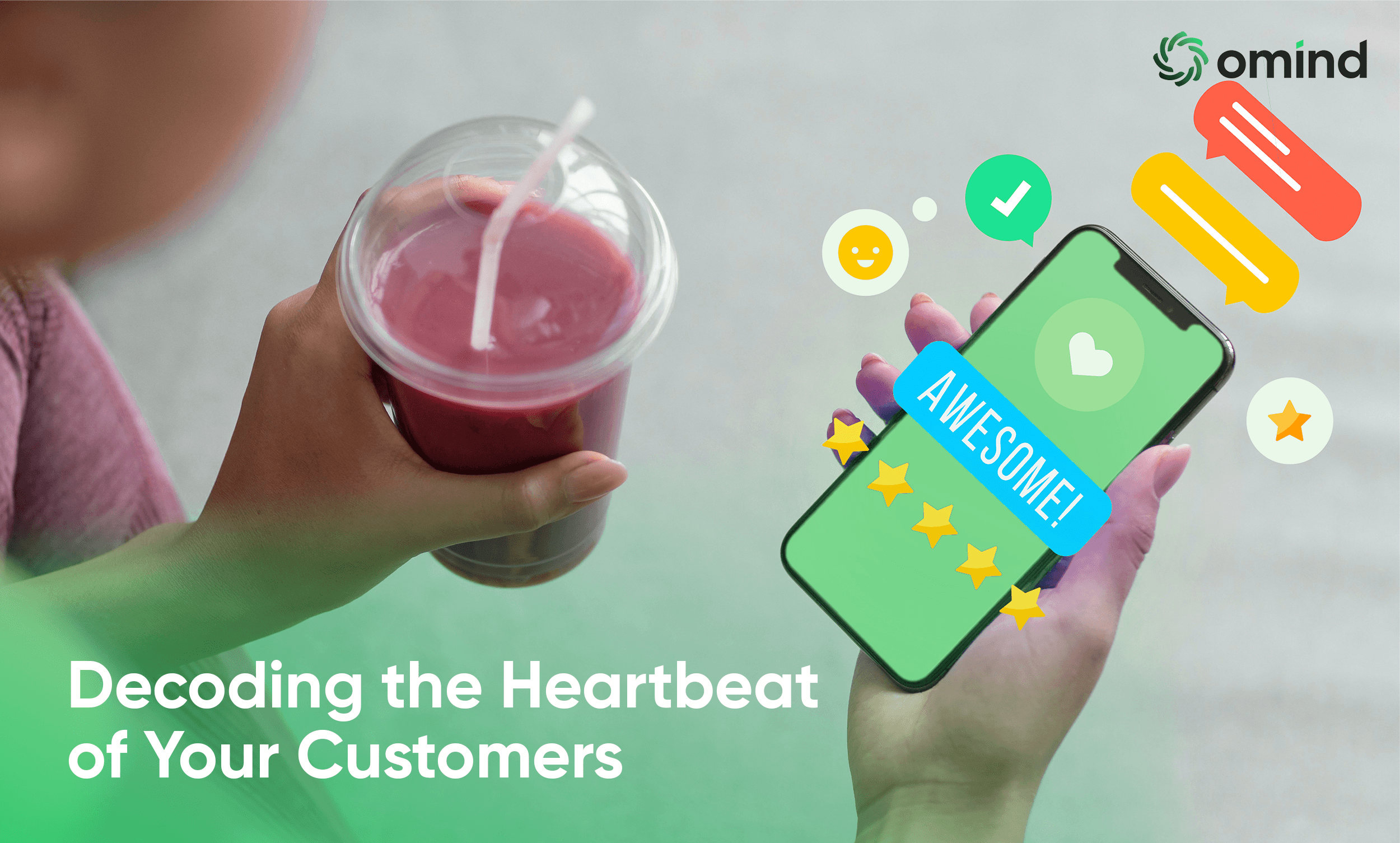 A person holding a smoothie with a phone in the other hand, displaying various reaction icons.