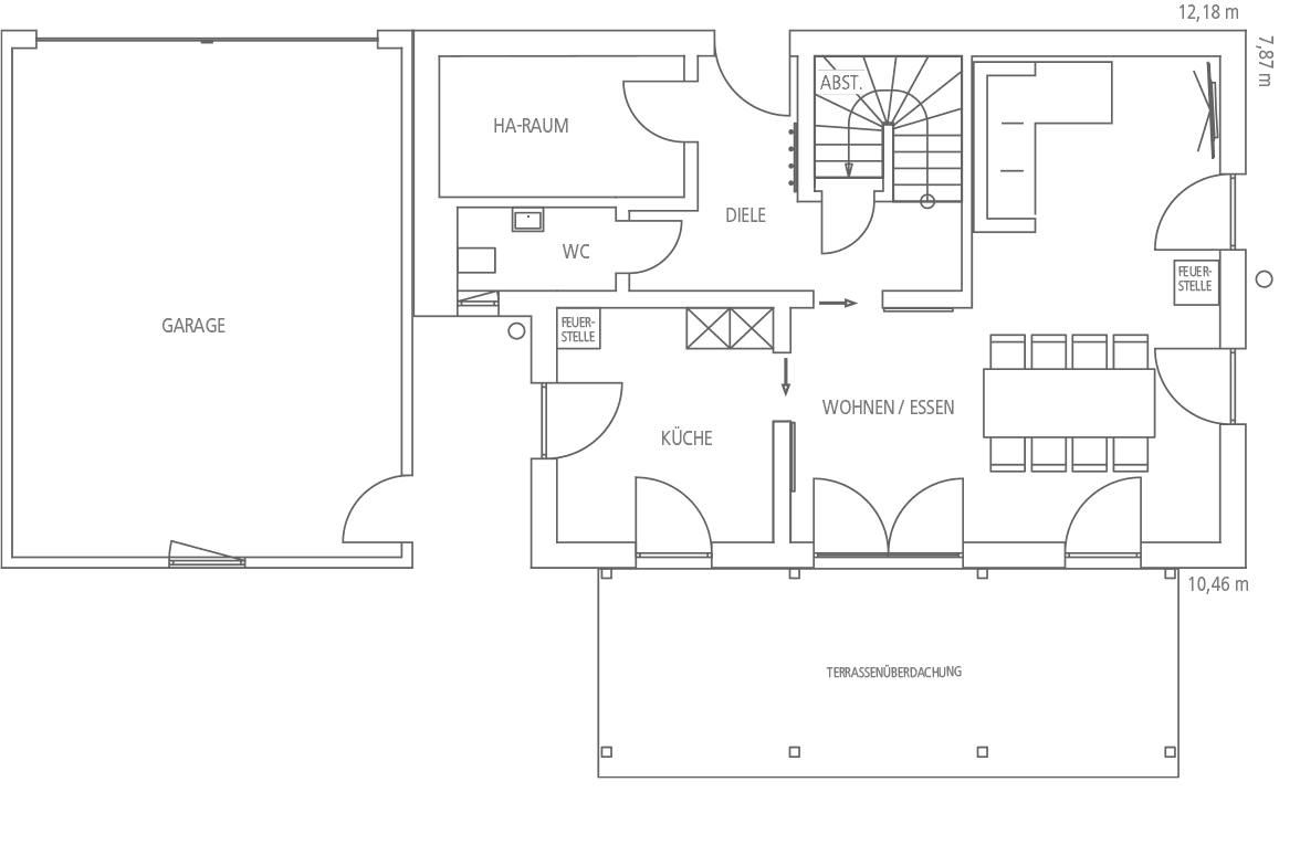 Grundriss eines Wohnhauses mit Garage, HA-Raum, Diele, WC, Küche, Wohn-/Essbereich, offenem Kamin und überdachter Terrasse.