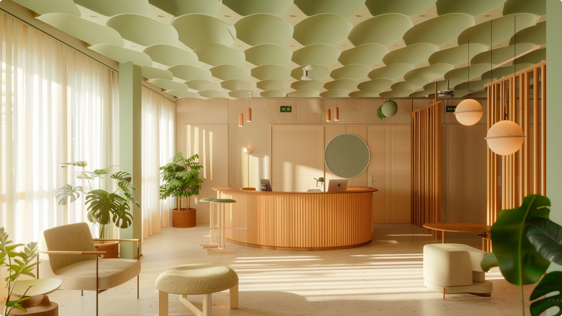 A serene bedroom with purple tones, a minimalist bed, wooden nightstands, and soft natural lighting.