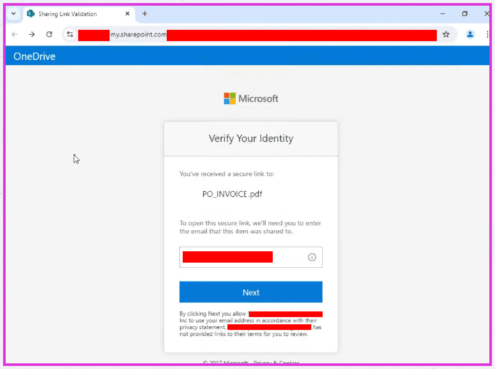 Screenshot einer Phishing-Seite unter einer unkenntlich gemachten my.sharepoint.com-Adresse, gebrandet mit OneDrive und Microsoft, mit dem Titel „Verify Your Identity“: „You’ve received a secure link to: PO_INVOICE.pdf“, mit Abfrage der E-Mail-Adresse, an die das Element geteilt wurde, und einer Schaltfläche „Next“.