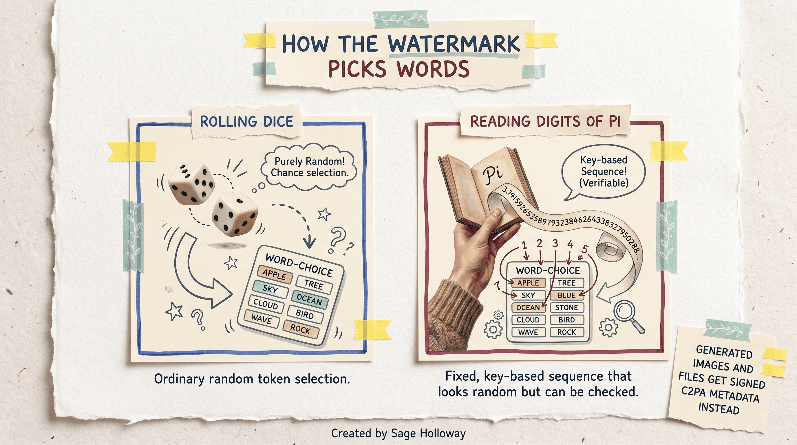 Diagram contrasting rolling dice for normal word choice with reading digits of Pi for Claude's watermarked word choice