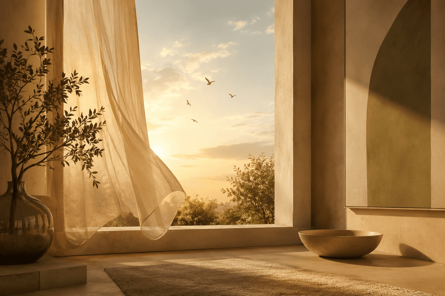 Open window with flowing curtain, golden light and birds in the sky.