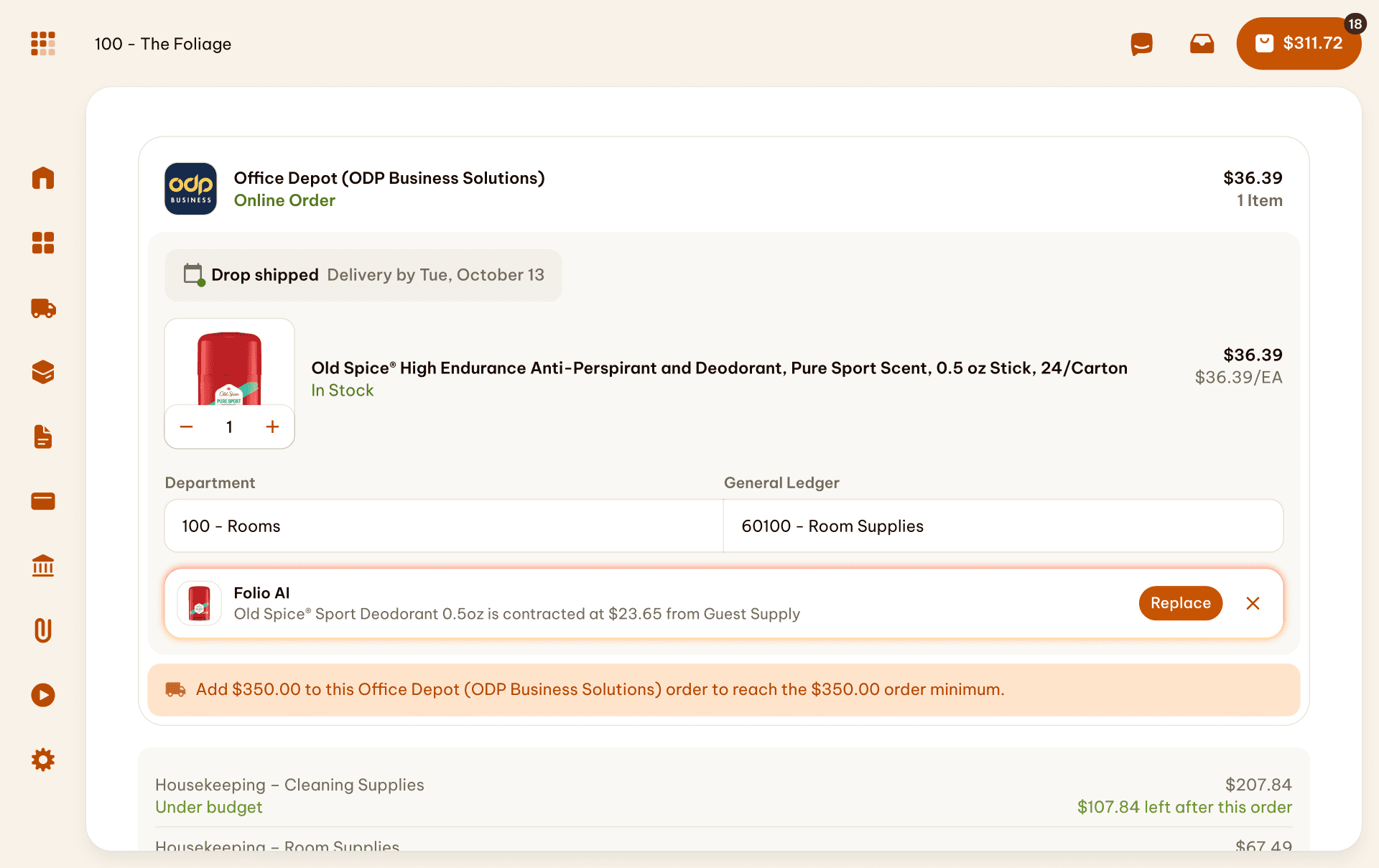 Folio cart with Folio AI suggesting a contracted swap for Old Spice from Office Depot