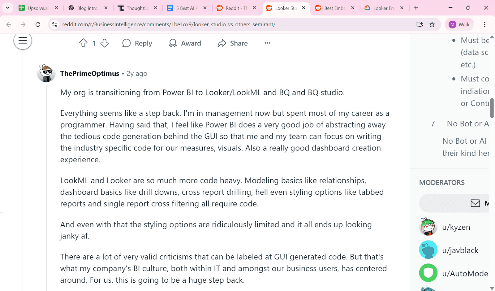 Reddit user comparing Power BI and Looker, criticizing LookML complexity and limited dashboard customization
