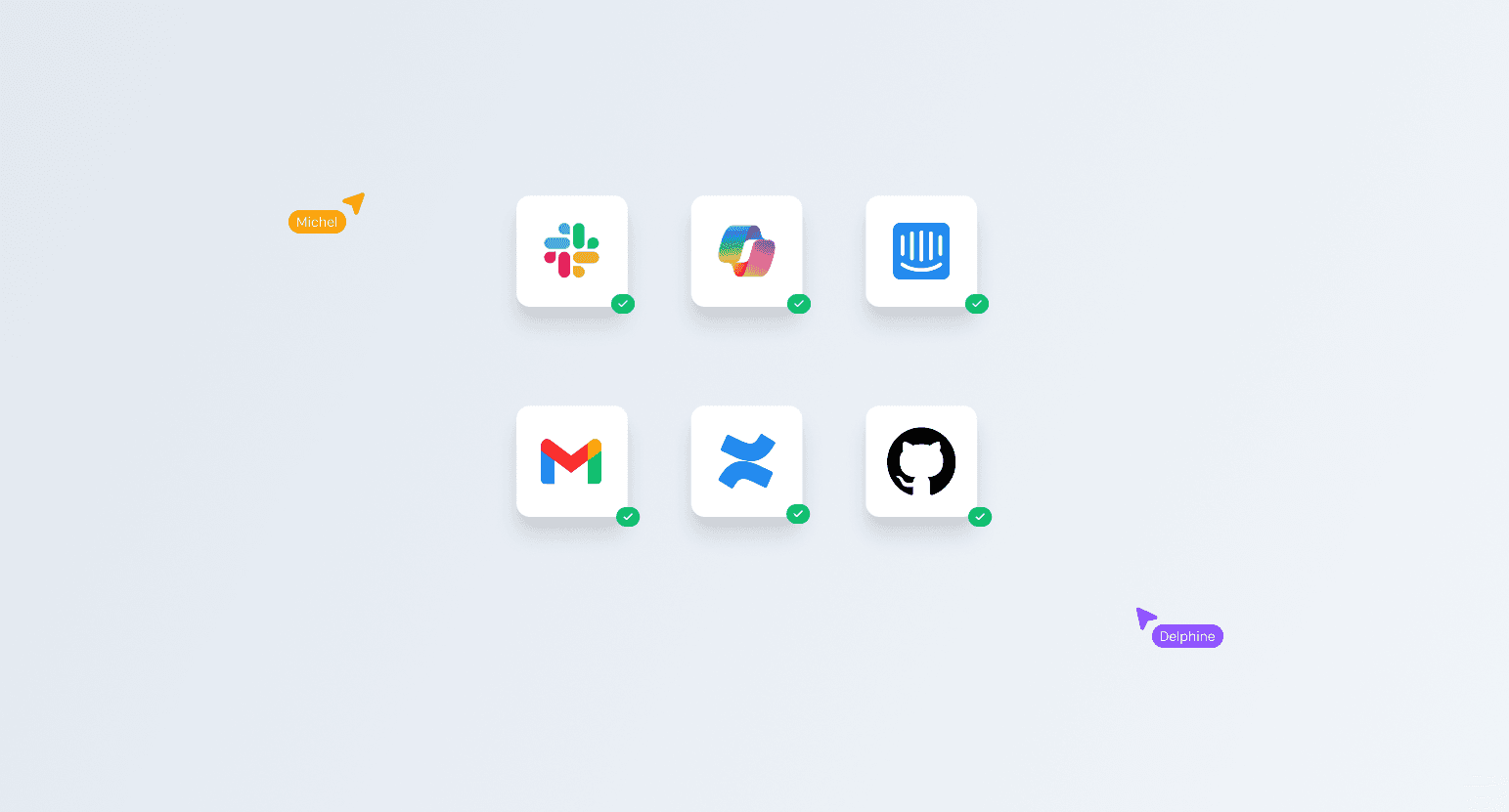 Grid of connected app integrations including Slack, Microsoft Copilot, Intercom, Gmail, Confluence and GitHub with active status indicators