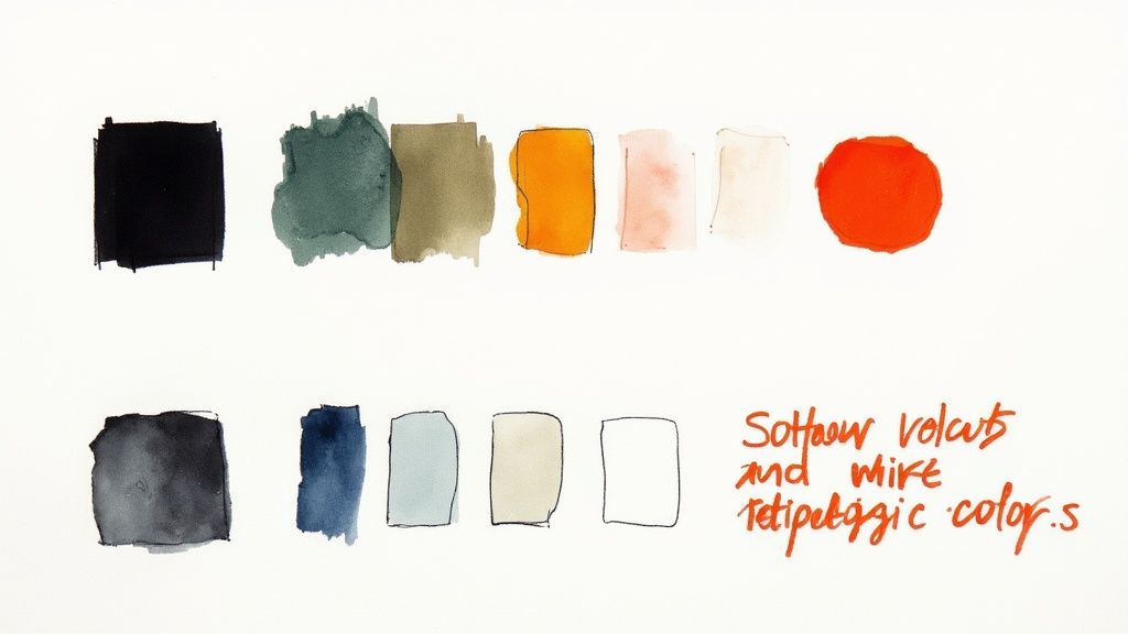 A mood board showcasing a cohesive visual identity with color swatches, font pairings, and imagery.