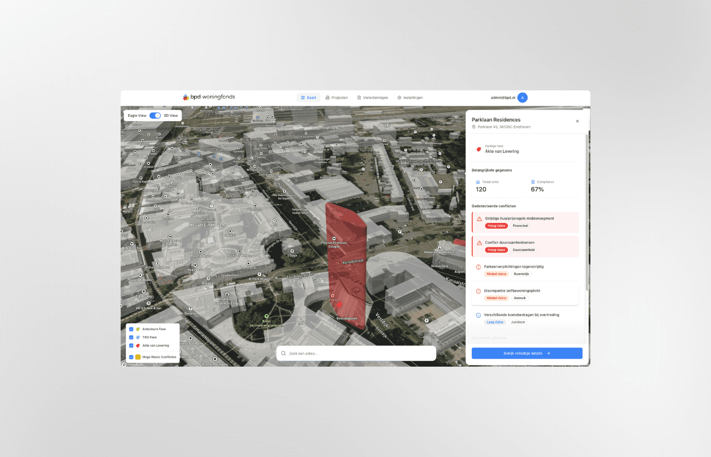 BPD Woningfonds platform met 3D-stadskaart van Eindhoven en gedetecteerde juridische conflicten per woningcomplex
