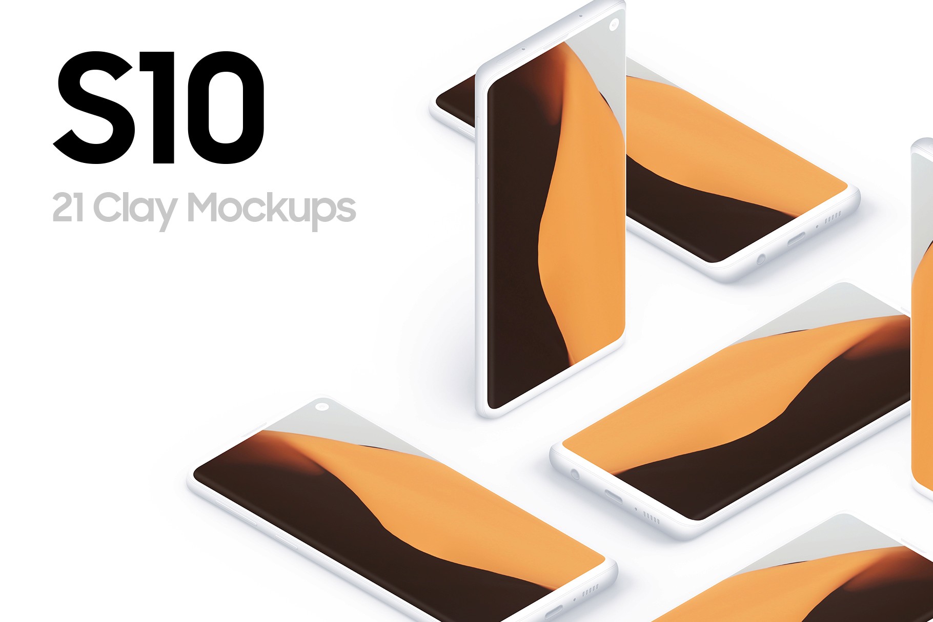 Samsung Galaxy S10 mockups in various positions, with a stylish orange gradient background.