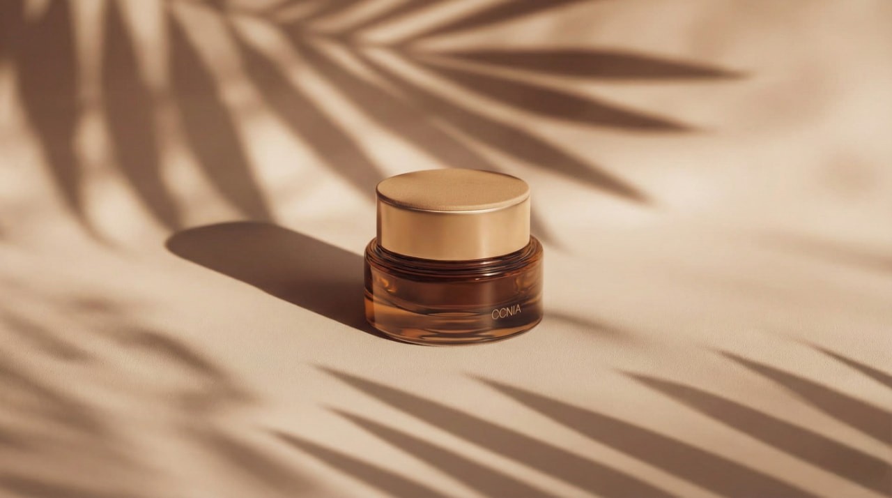 A small, elegant jar with a golden lid sits on a beige surface. Soft palm leaf shadows create a serene, tropical ambiance, enhancing the jar's luxurious appeal.