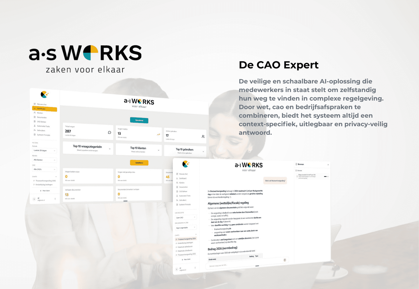 Interface van de a•s WORKS CAO Expert applicatie die via AI antwoord geeft op arbeidsrechtelijke vragen door wetgeving, cao-bepalingen en bedrijfsregels te combineren.