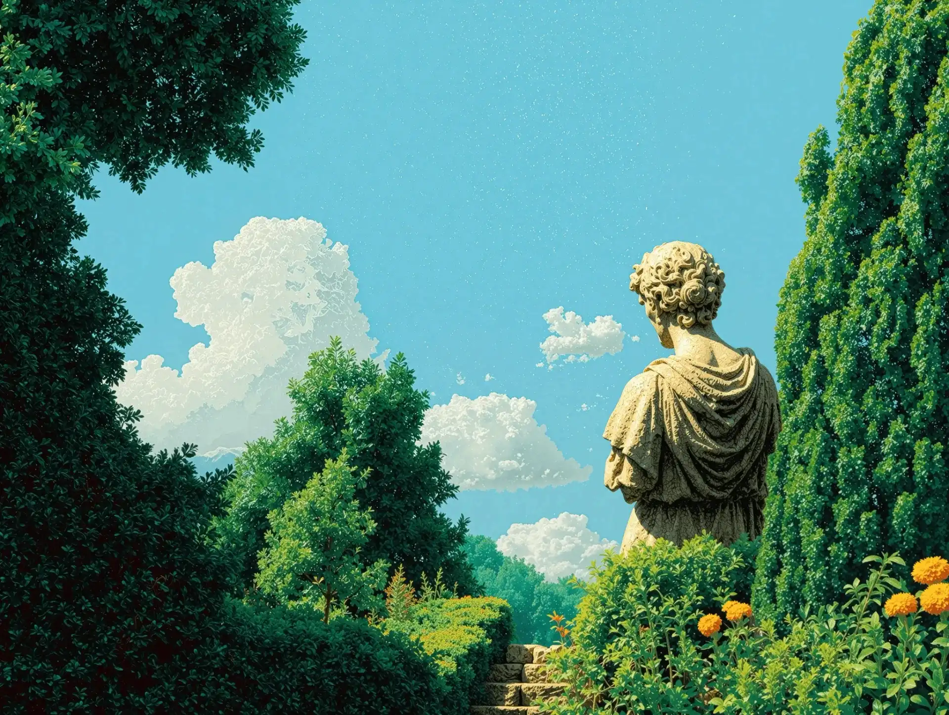 Illustration en pixel art d'une statue classique vue de dos, surplombant un jardin verdoyant et un ciel bleu.