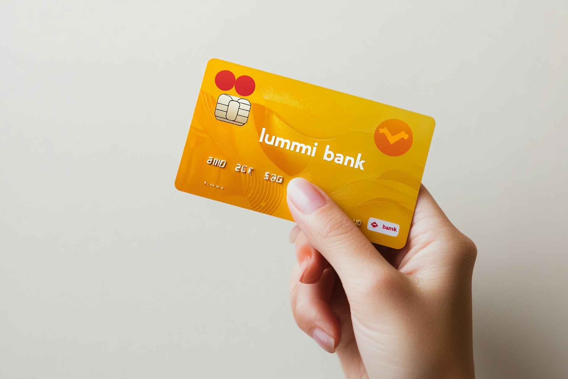 The image shows a hand holding a credit card from "Lummi Bank". The credit card is prominently displayed in focus against a plain, light-colored background, emphasizing the card details.