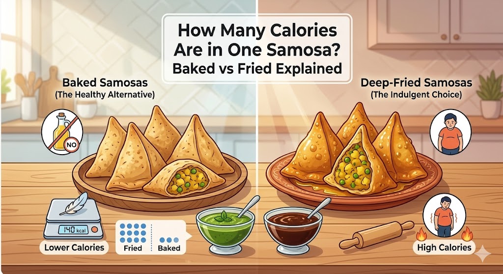 A health infographic and illustration comparing baked versus fried samosas side-by-side. The left side shows baked samosas on a wooden plate with a digital scale reading 140 kcal, labeled "Lower Calories" and "The Healthy Alternative." The right side shows deep-fried samosas on a patterned plate, labeled "High Calories" and "The Indulgent Choice." The image includes an split view of a cut samosa revealing the spiced potato filling, plus icons for "NO oil" and dot charts comparing fried and baked calorie counts. Two dipping sauces, green chutney and tamarind chutney, sit between the plates on a wooden kitchen counter. Bold title text reads, "How Many Calories Are in One Samosa? Baked vs Fried Explained."