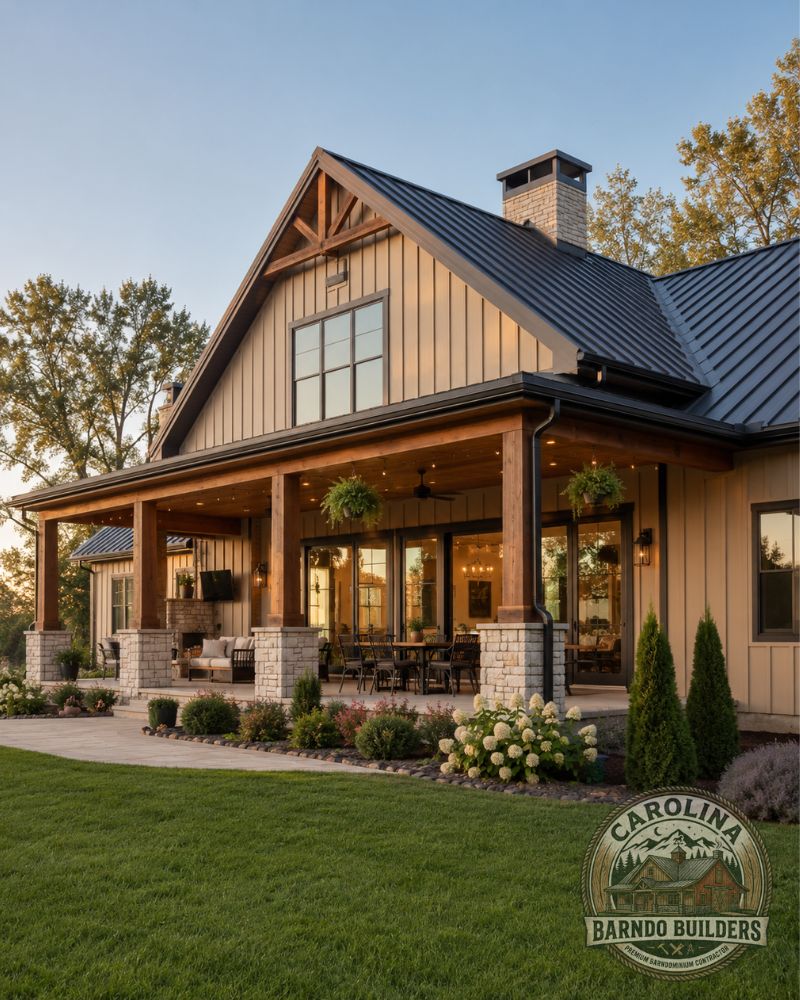 Tan barndominium home in Caswell County NC with covered back porch, outdoor dining area, black metal roof, timber posts, and stone accents.