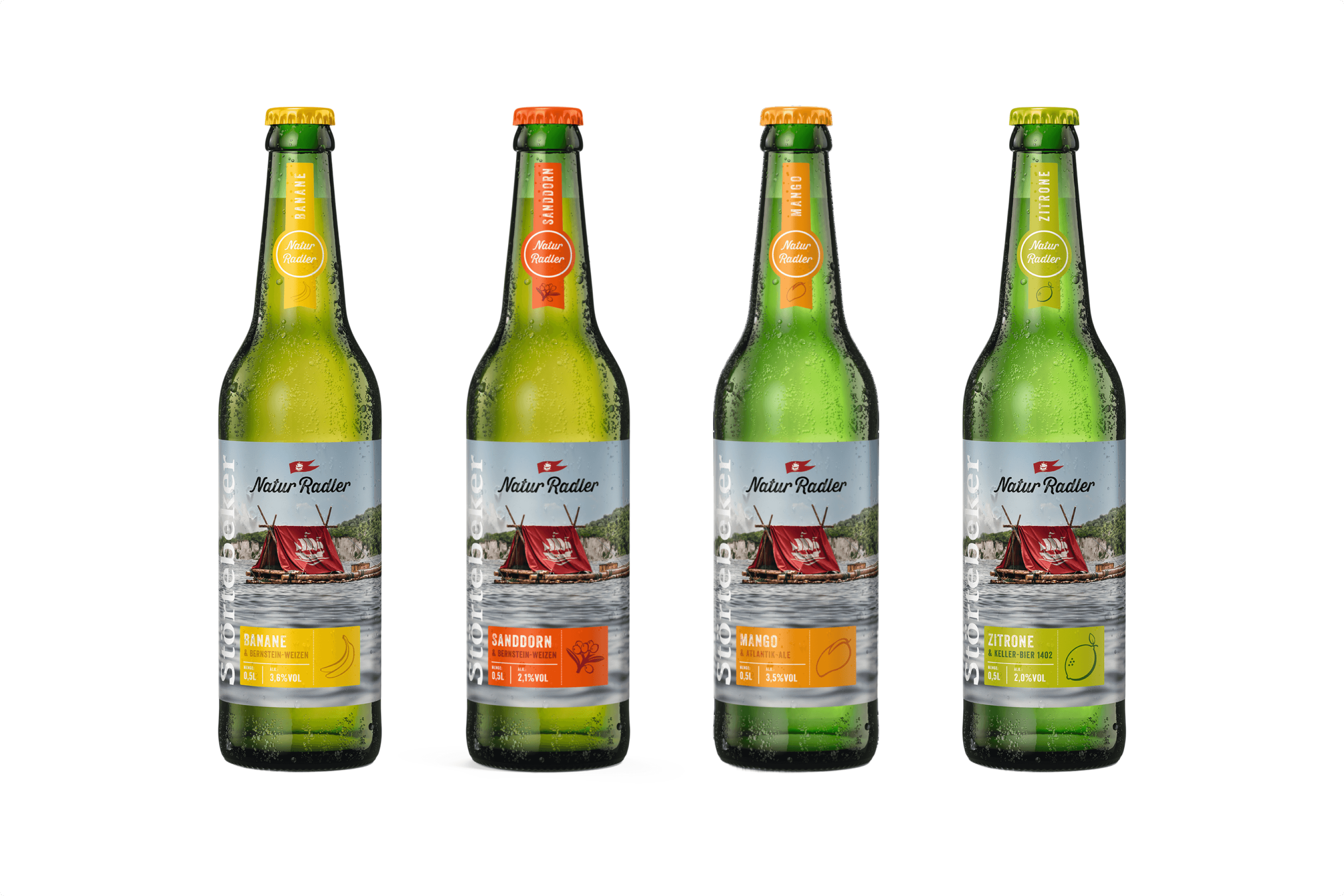 Four bottles: Banane, Sanddorn, Mango, Zitrone