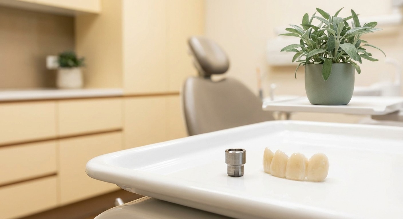 Titanium implant post next to a zirconia prosthetic arch on a white clinical tray representing the two distinct components of All-on-4