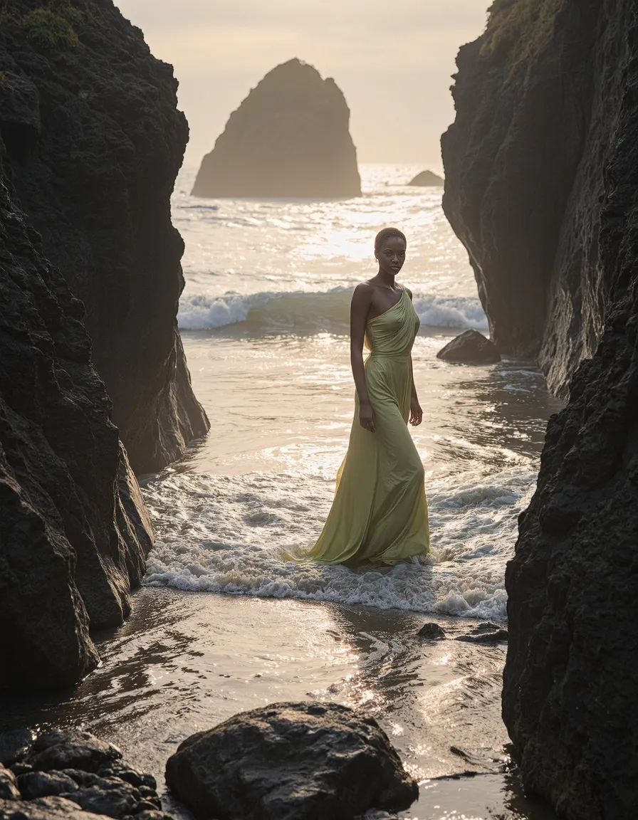 Elegant figure in flowing lime-green dress standing between dramatic rock formations at sunset, with ocean waves and sea stack visible