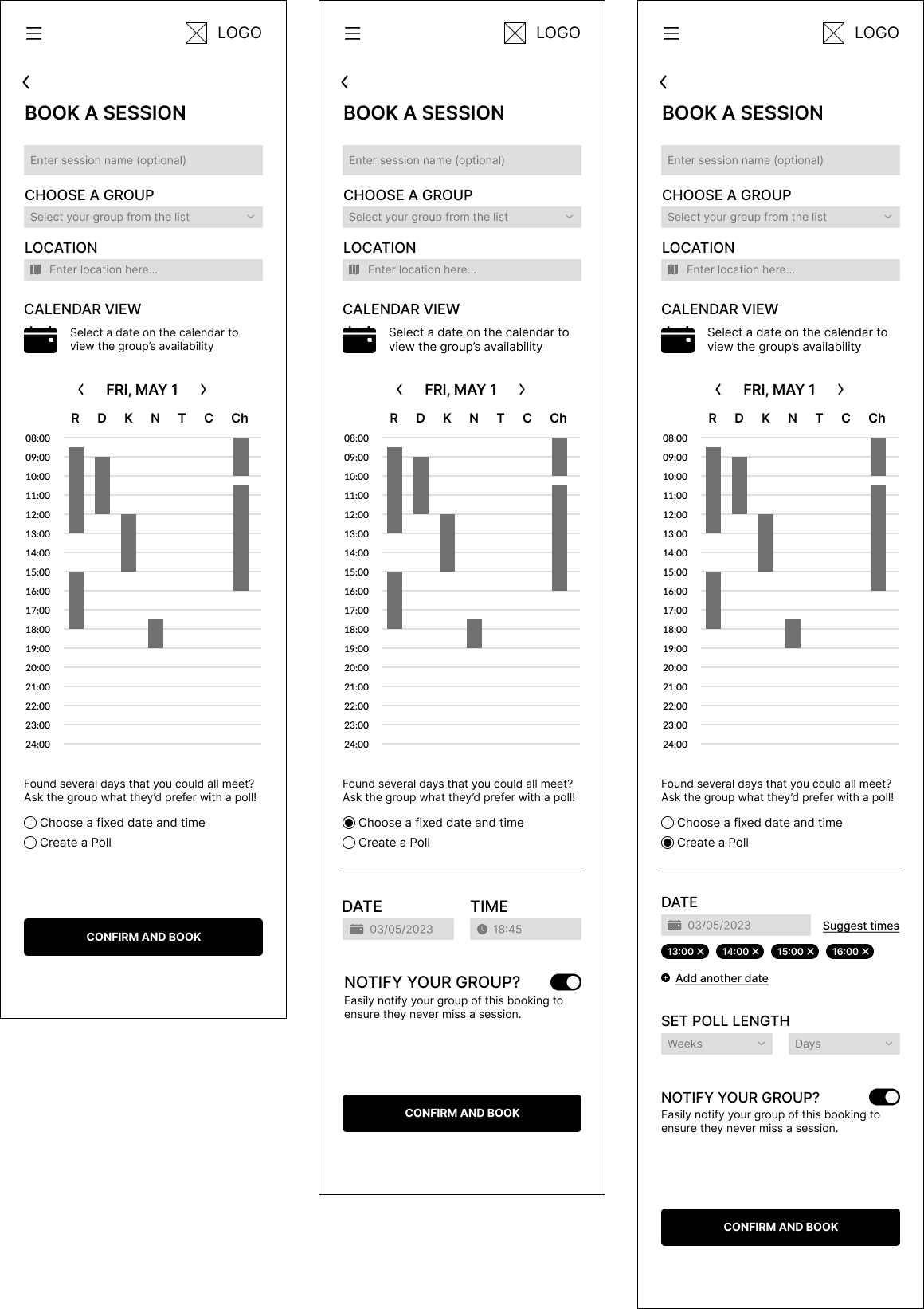 A selection of mid-fidelity screens in monochrome and depicting some of the scheduler and how booking would work.