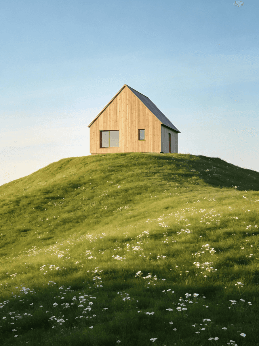 Modern wooden buildings against a clear blue sky.