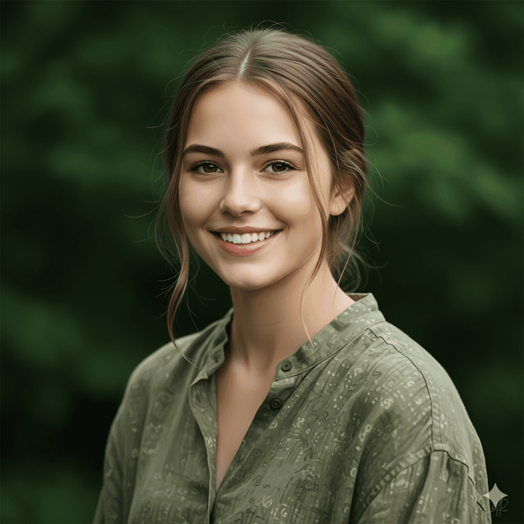 A smiling woman with her arms crossed, standing against a dark green background. She has long, dark hair.