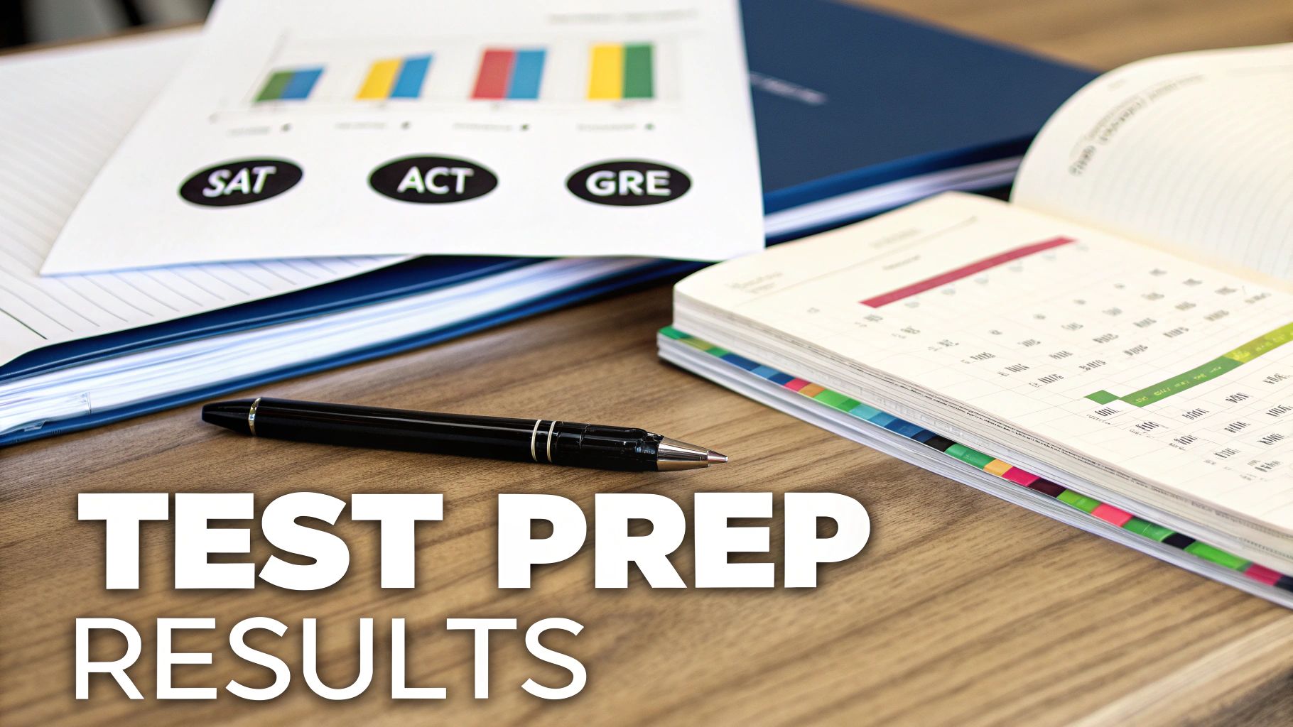 Test prep materials, including a graph of SAT, ACT, GRE scores, a pen, and a notebook on a wooden desk.