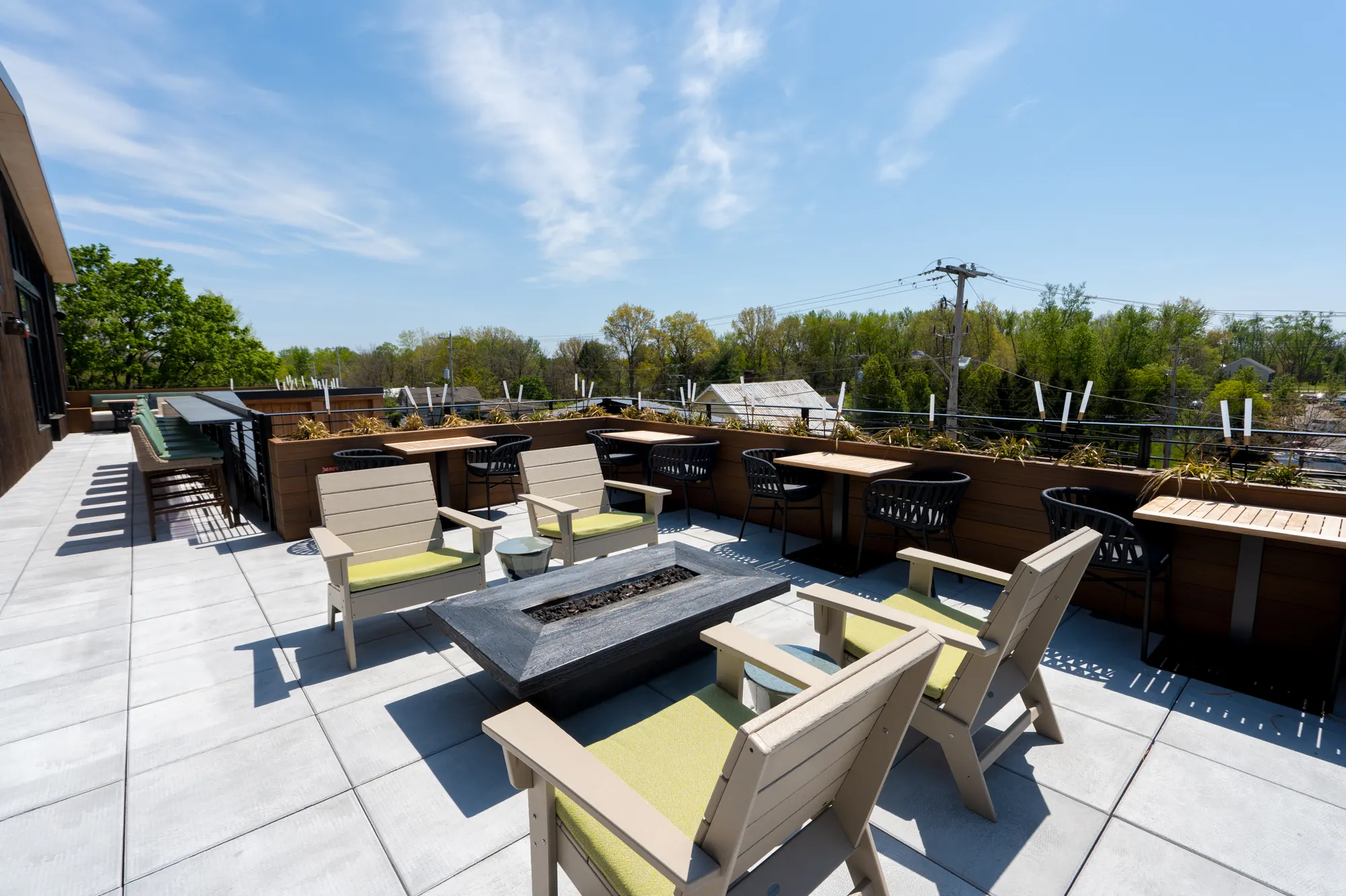 Rooftop terrace with fire pit and open sky