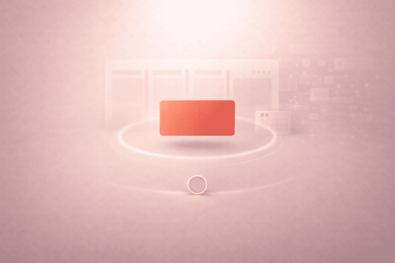 Minimalistische 3D-Illustration auf warmem cremebeigem Hintergrund mit einer schwebenden korallorangenen Aufgabenkarte im Zentrum, dahinter drei dezente Spalten für Projektstruktur, einem kleinen Kalenderhinweis und einem Timer-Ring unten, während überladene UI-Elemente im Hintergrund verblassen.