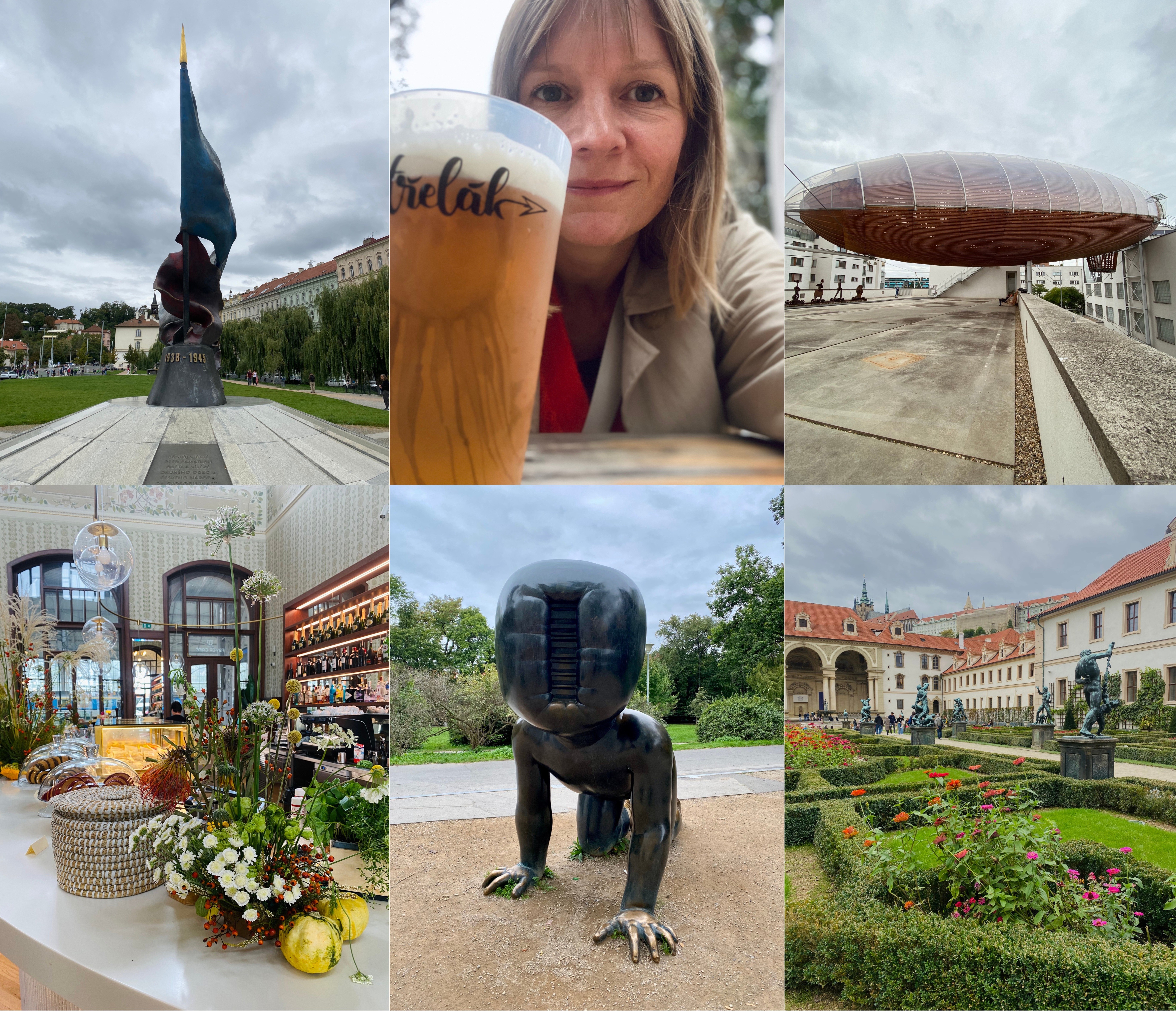 Clockwise from top left: Memorial of the Second Resistance Movement; Nicky with a pilsner on Střelecký Ostrov island; wooden airship installation on top floor of DOX museum; Waldstein Gardens, 'Babies' by David Černý; Foyer Cafe in Prague train station