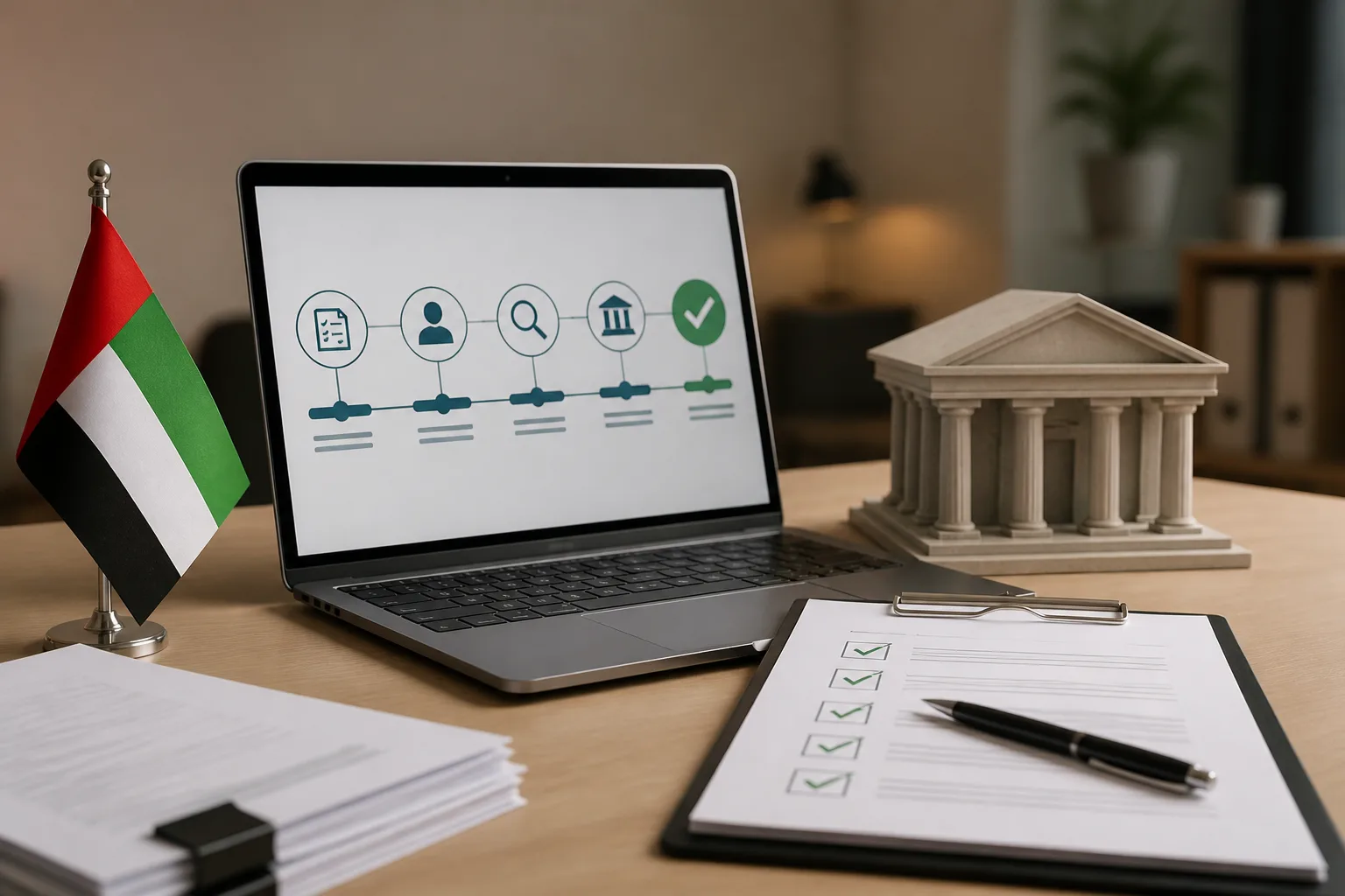 UAE Corporate Bank Account Opening Timeline beside a corporate bank card, payment terminal and signed