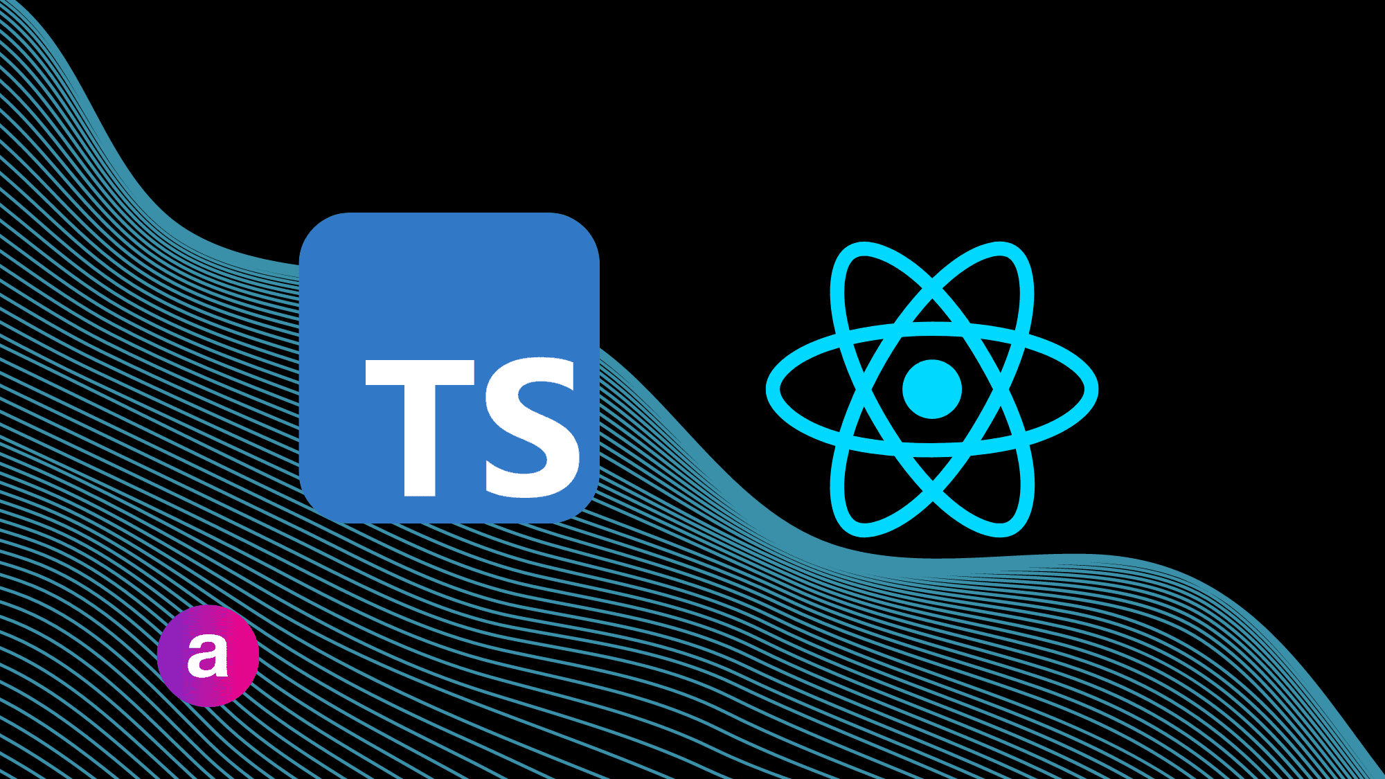 A black background with the logos of TypeScript and React on top of a light blue wave graphic