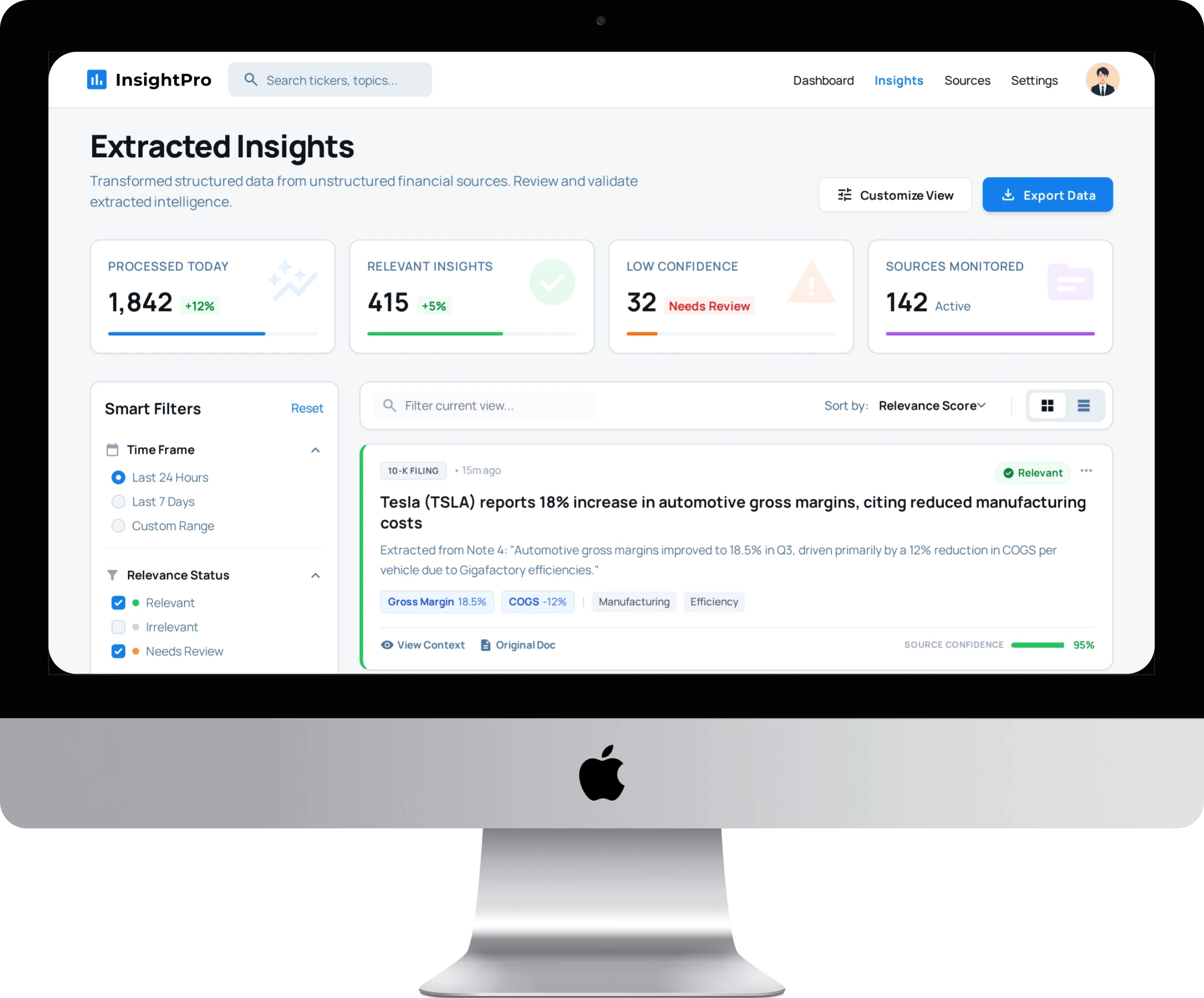 Screenshot of a Dashboard showing financial insights on our finance tool