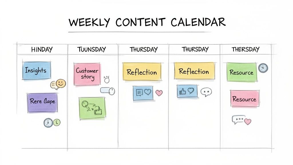 A hand-drawn weekly content calendar with daily tasks like insights, customer stories, reflection, and resources.