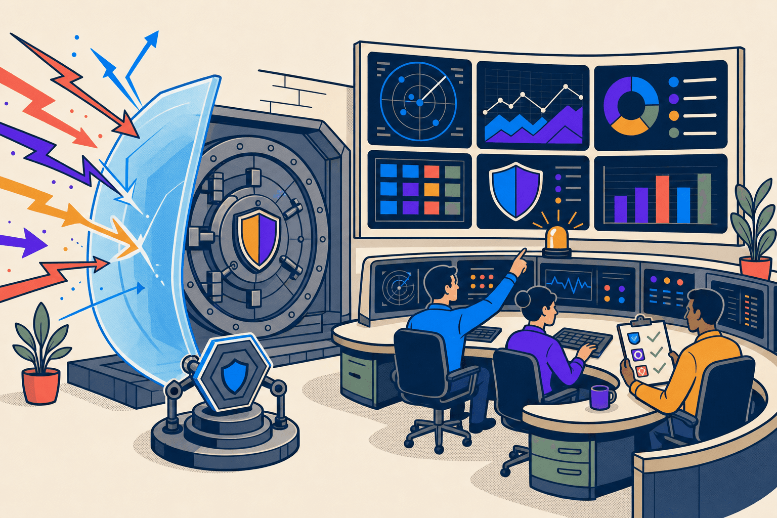 Illustration: Security-Leitstand schützt Banktresor vor Cyberangriffen
