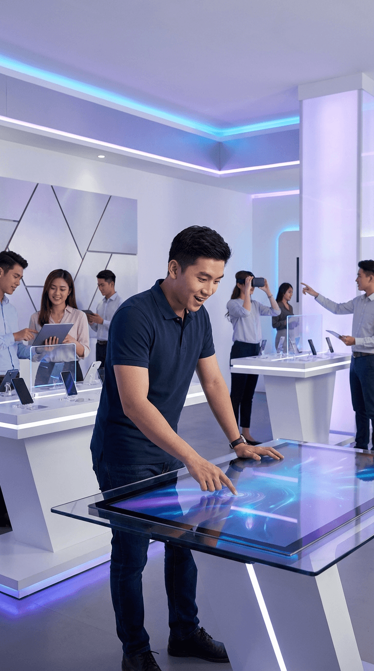 科技感互動引流活動現場，透過觸控螢幕及VR虛擬實境技術進行精準獲客營銷。