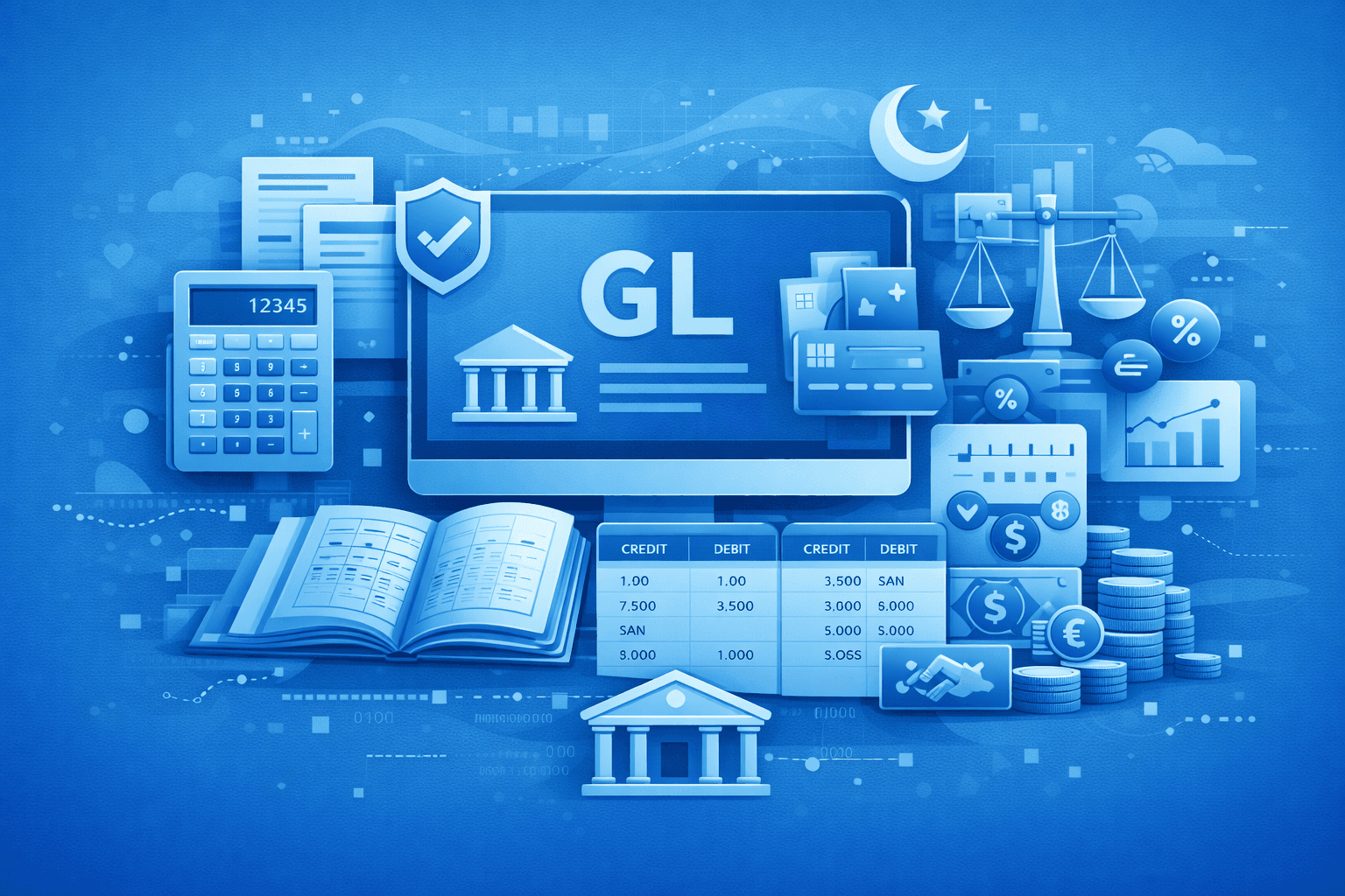 Ilustrasi digital monokromatik biru yang menggambarkan sistem akuntansi buku besar umum (General Ledger/GL), menampilkan monitor komputer dengan inisial "GL" sebagai pusat kendali. Di sekelilingnya terdapat berbagai instrumen keuangan seperti kalkulator, buku akuntansi yang terbuka, tabel kredit dan debit, serta tumpukan koin dan kartu kredit. Elemen tambahan seperti timbangan keadilan, ikon perisai centang untuk keamanan, dan simbol bulan bintang menunjukkan sistem manajemen keuangan yang patuh, aman, dan komprehensif, mencakup segala hal mulai dari perhitungan teknis hingga laporan perbankan formal.