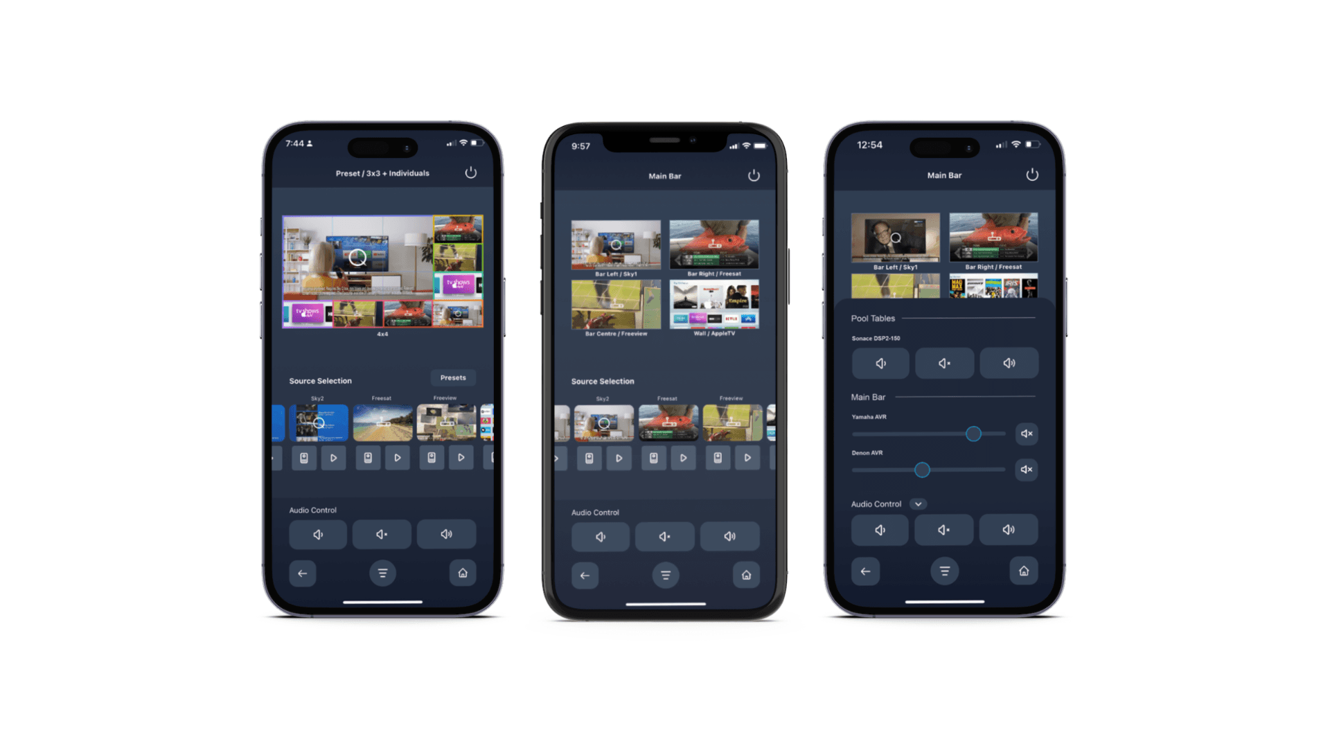 iPhone app displays showing source selection & audio controls