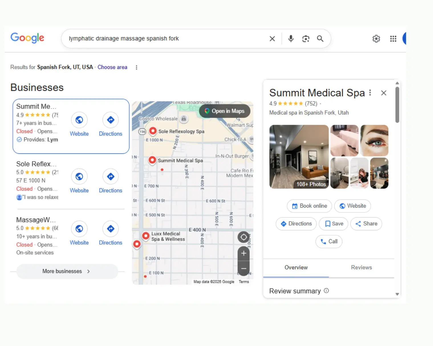 Google local search results for lymphatic drainage massage in Spanish Fork, UT.