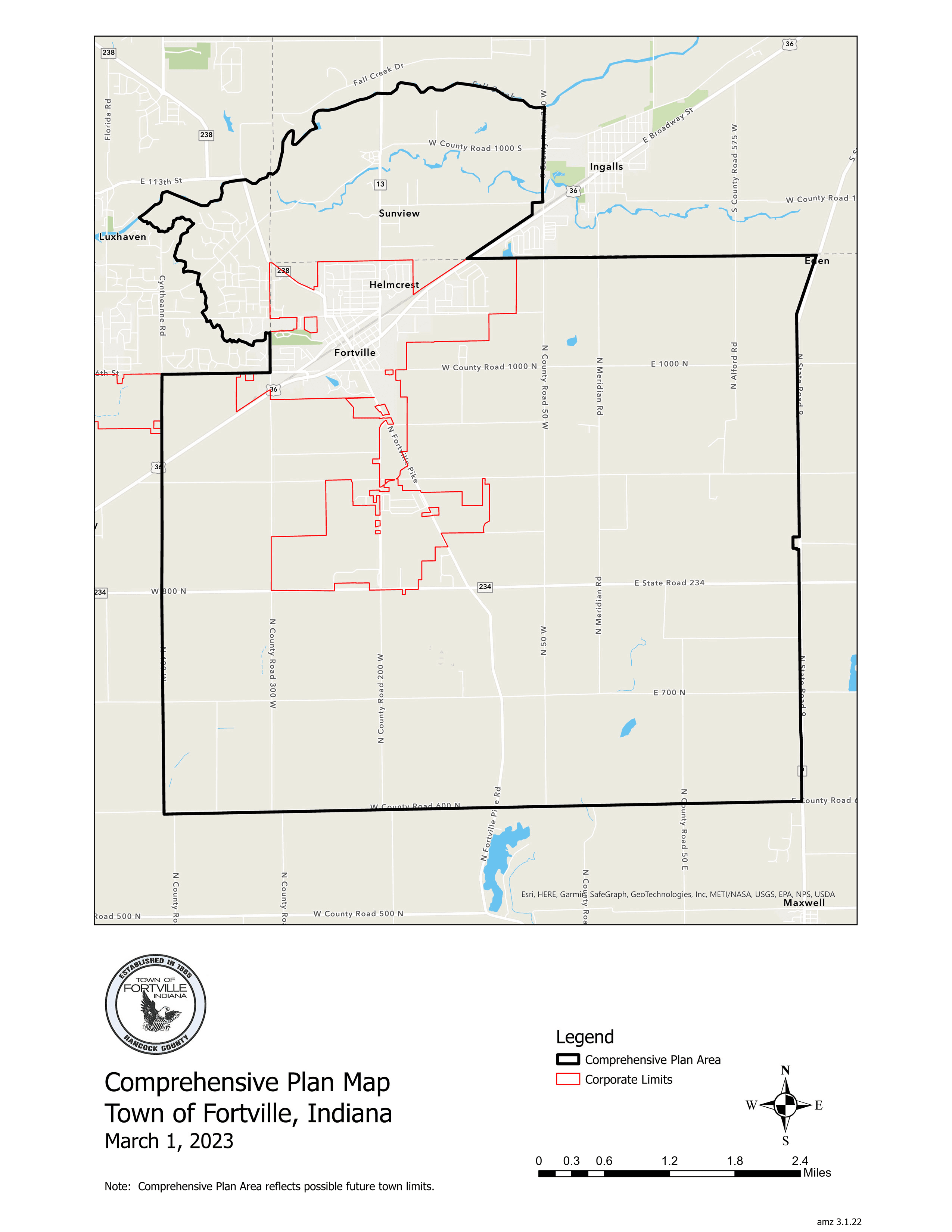 The boundary map showing Fortville's plans from 2023 to annex parts of unincorporated Hamilton County