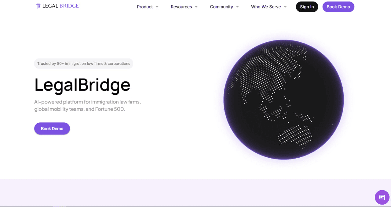 Homepage screenshot of LegalBridge, an AI-powered immigration platform, with a glowing digital globe and a “Book Demo” call-to-action.
