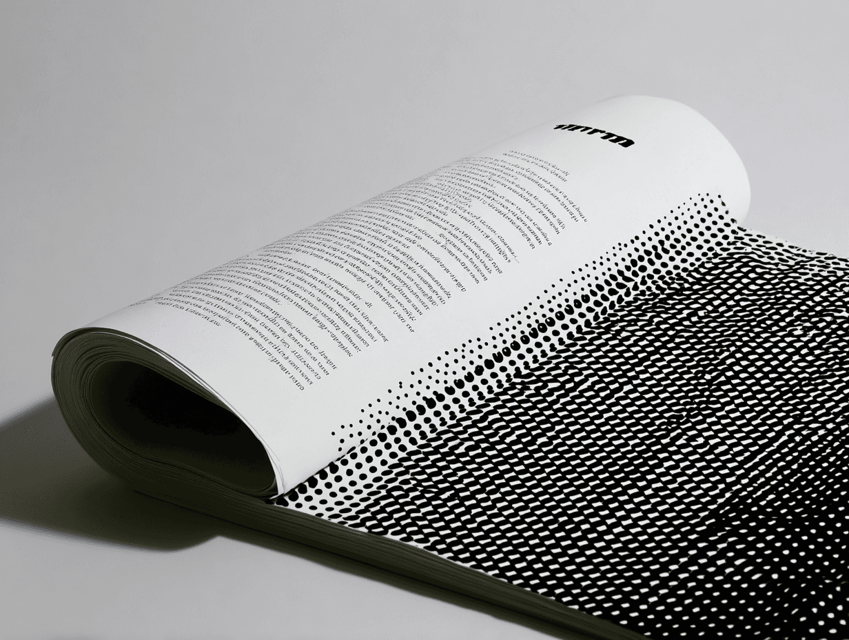 Minimalist open magazine spread with black-and-white typography and halftone graphics, photographed on a light gray surface.