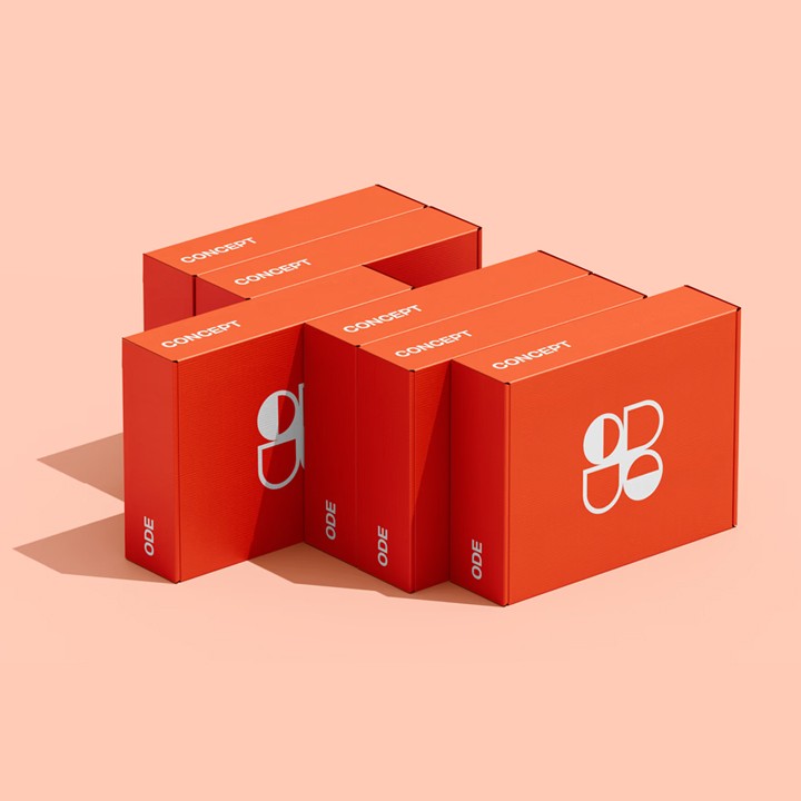 Five interlocking red-orange shipping boxes on a pale peach background, each marked “CONCEPT” on the top panel, “ODE” down the side, and featuring a minimalist white geometric “ODE” logo on the front faces.