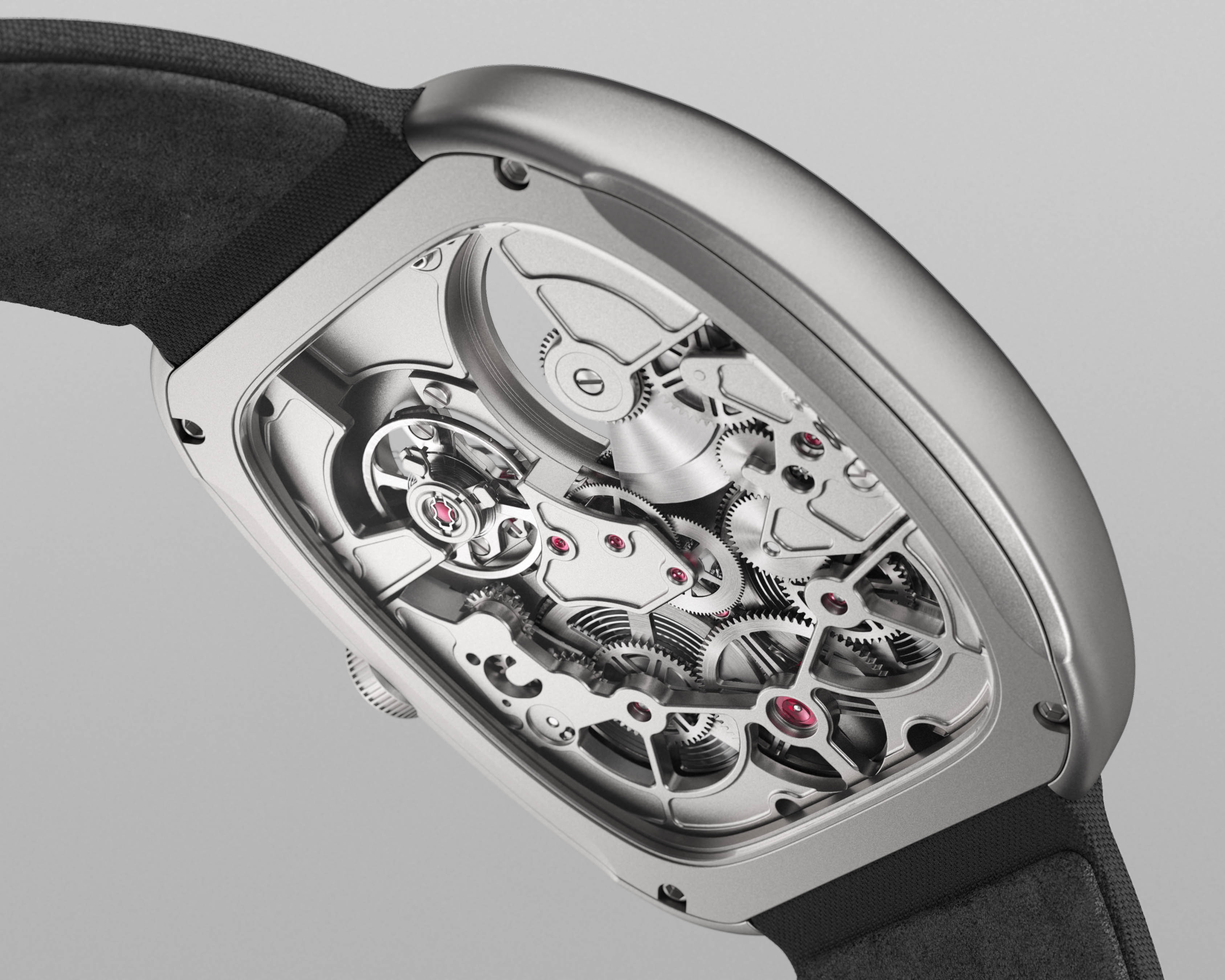 Rendering closeup posteriore del movimento del WRK ACF-02 con cinturino in alcantara e cassa in titanio