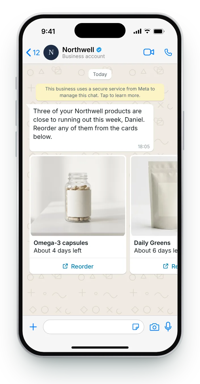Three products running out together: WhatsApp reorder reminder on an iPhone