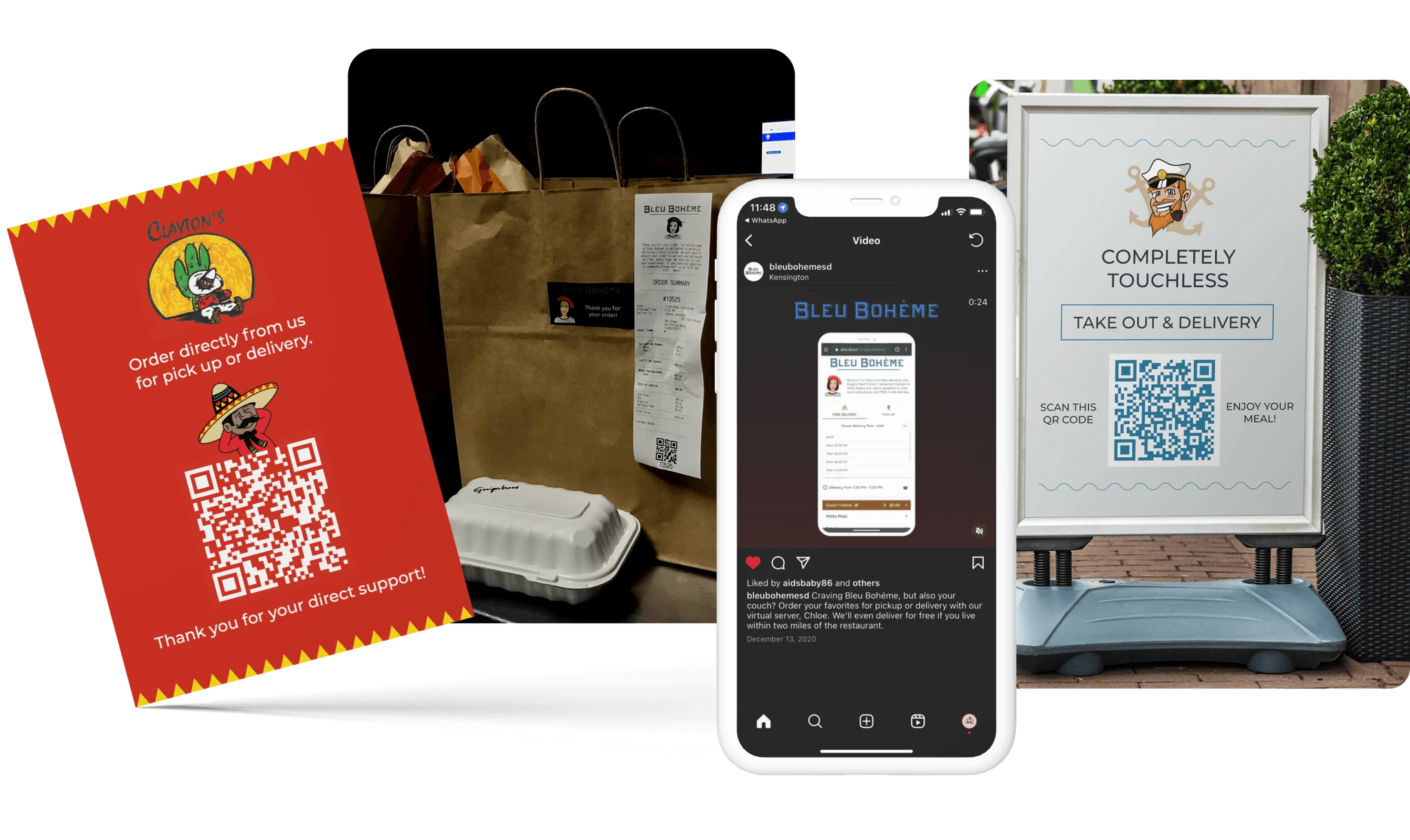 Examples of marketing materials featuring avatars, including flyers, outdoor signs, Instagram posts, and receipts attached to food delivery bags.