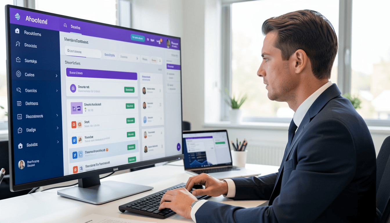 professional male recruiter sitting at a desk reviewing an AI-powered recruitment dashboard